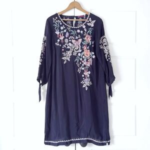 Johnny Was Floral Embroidered Butterfly Arva Dress Small Navy Blue Boho Eclectic